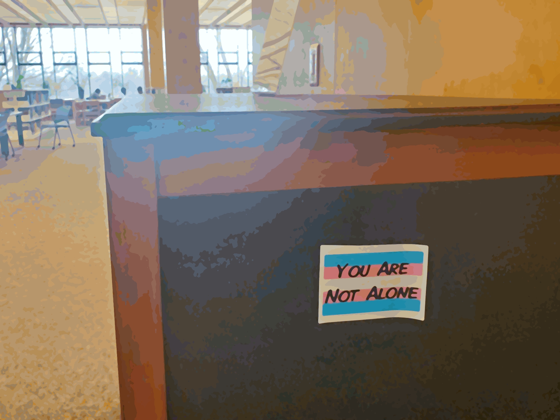 A photo from within a library. In the foreground, a sticker of the trans pride flag with the text 'you are not alone' is stuck on the side of a box-y trash can. In the background, natural light floods in through large windows over short bookshelves and groups of tables and chairs.